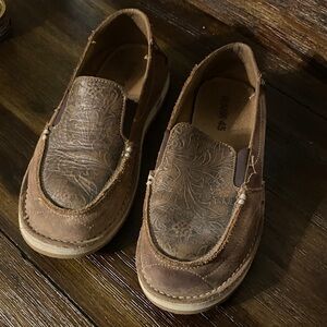 Floral Embossed Brown Leather Loafers